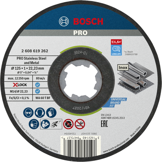 PRO Stainless Steel and Metal Bonded Cutting Disc Bosch PRO 125×1×22.23 mm X-Lock cutting disc.