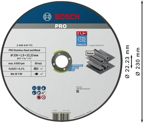 PRO Stainless Steel and Metal Bonded Cutting Disc, 230 x 1.9 x 22.23 mm, Straight Bosch PRO stainless steel and metal cutting disc 230 mm.