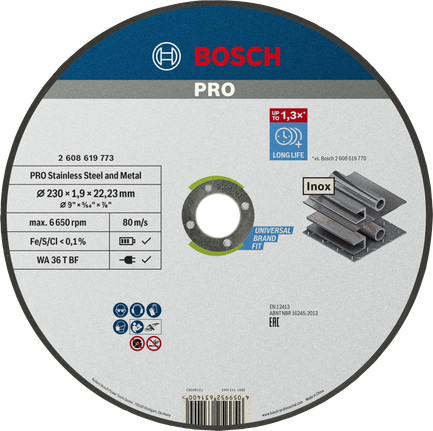 PRO Stainless Steel and Metal Bonded Cutting Disc, 230 x 1.9 x 22.23 mm, Straight Bosch PRO Stainless Steel and Metal Cutting Disc, 230 mm.
