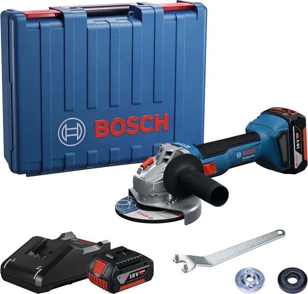 Bosch GWS 18V-8 cordless angle grinder set with case.