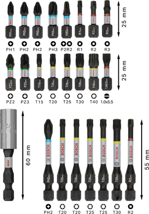 Bosch PRO Impact Screwdriver Bit Set 24 pcs, color-coded.
