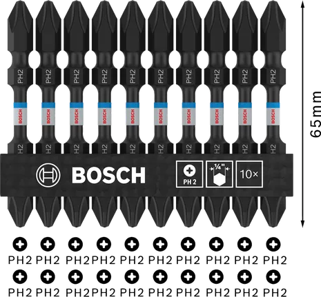 PRO Softwood and Stainless Steel Long Groove Double-Ended Impact Bit, PH2, 65 mm, 10 pcs Bosch PRO PH2 double-ended impact bits 65mm, 10 pack.