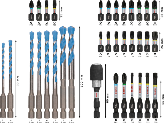 Bosch PRO Impact Mixed Set drill and screwdriver bits, 35 pieces.