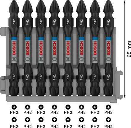 PRO Impact Set with Quick Change Bit Holder and Pick and Click Index, PH2, PZ2, T15, T20, T25, T30, QC BH, 50 mm, 8 pcs Bosch PH2 screwdriver bits set 65 mm in plastic holder.
