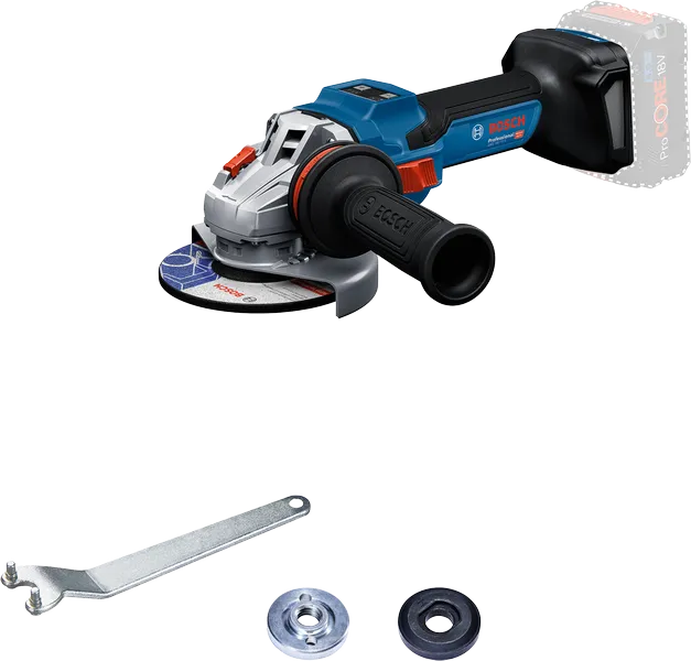 Bosch GWS 18V-15 S cordless angle grinder with accessories.