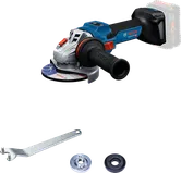 Bosch GWS 18V-15 S cordless angle grinder with accessories.