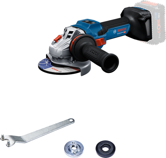 Bosch GWS 18V-15 S cordless angle grinder with accessories.