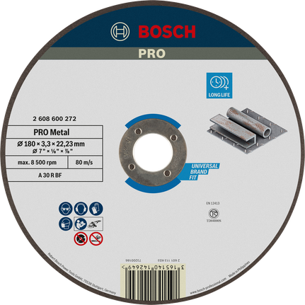 PRO Metal Cutting Disc, 180 x 3 x 22.23 mm Bosch PRO Metal Cutting Disc 180 x 3 x 22.23 mm, long life.