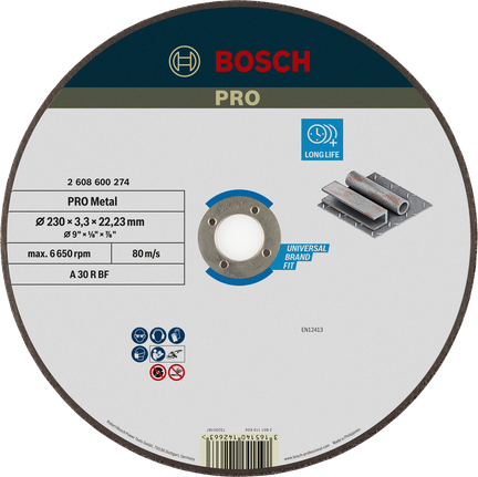 PRO Metal Cutting Disc, 230 x 3 x 22.23 mm Bosch PRO Metal Cutting Disc 230 mm for long life metalwork.