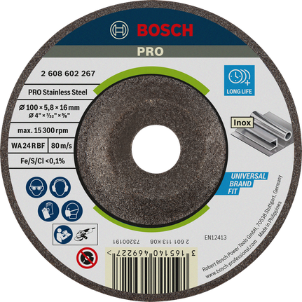 PRO Stainless Steel Grinding Disc, 100 x 6 x 16 mm Bosch PRO Stainless Steel Grinding Disc, 100 mm WA 24 R BF.