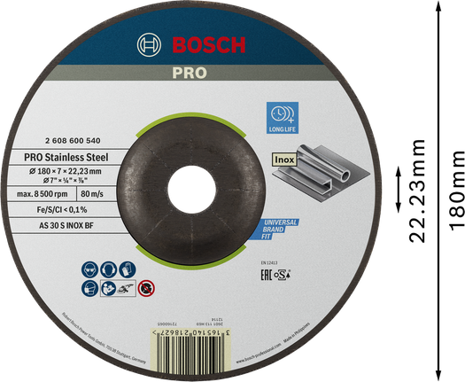 Bosch PRO Stainless Steel Grinding Disc 180mm long life.