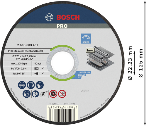 PRO Stainless Steel and Metal Cutting Disc, 125 x 1 x 22.23 mm Bosch PRO stainless steel and metal cutting disc, 125 mm.