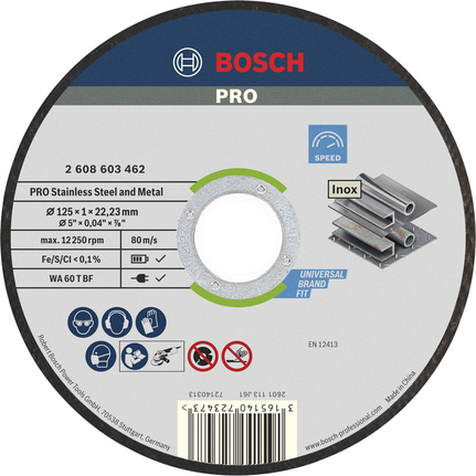 PRO Stainless Steel and Metal Cutting Disc, 125 x 1 x 22.23 mm Bosch PRO stainless steel and metal cutting disc 125 mm.