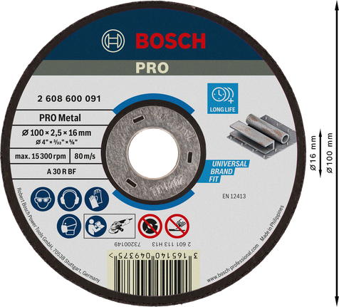 PRO Metal Cutting Disc, 100 x 2.5 x 16 mm Bosch PRO Metal Cutting Disc 100 x 2.5 x 16 mm.