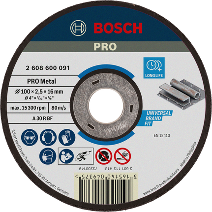 PRO Metal Cutting Disc, 100 x 2.5 x 16 mm Bosch PRO Metal Cutting Disc 100 x 2.5 x 16 mm long life.