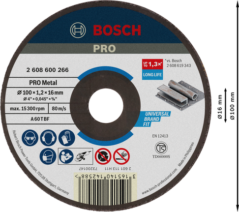 PRO Metal Cutting Disc, 100 x 1.2 x 16 mm Bosch PRO Metal Cutting Disc 100x1.2x16 mm long life.