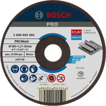 PRO Metal Cutting Disc, 100 x 1.2 x 16 mm Bosch PRO Metal Cutting Disc 100x1.2x16 mm long life.