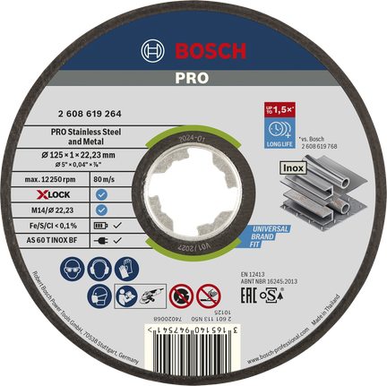 PRO Stainless Steel and Metal Bonded Cutting Disc, 125 x 1 x 22.23 mm, X-Lock, Straight, oSa Bosch PRO stainless steel and metal X-Lock cutting disc 125mm.