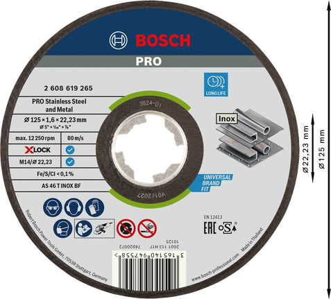 PRO Stainless Steel and Metal Bonded Cutting Disc, 125 x 1.6 x 22.23 mm, X-Lock, Straight, oSa Bosch PRO stainless steel and metal cutting disc X-Lock.