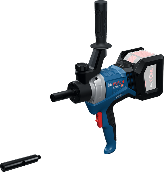 Bosch GRW 18V-120 cordless mud mixer with side handle.