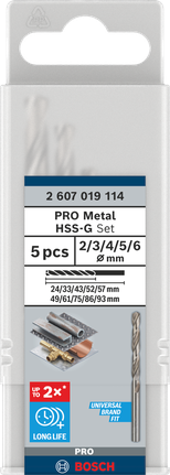 PRO Metal HSS-G Twist Drill Bit Set, 5 pcs Bosch PRO Metal HSS-G 5-piece drill bit set.