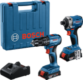 Cordless drill and impact driver kit with two batteries, charger and carrying case.