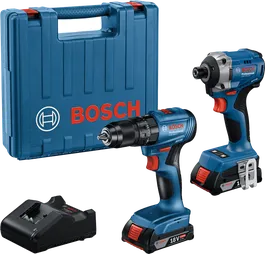 Cordless drill and impact driver kit with two batteries, charger and carrying case.