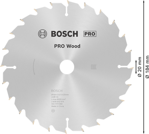 Bosch PRO Wood circular saw blade 184 mm for wood cutting.