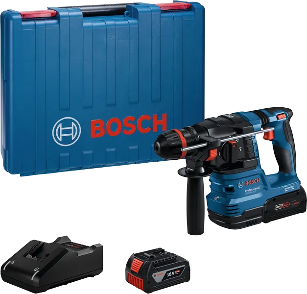Bosch GBH 18V-22 rotary hammer drill with battery and case.