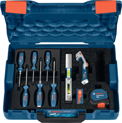 Bosch hand tool set with screwdrivers, level, cutter, and tape measure.