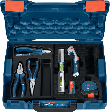 Bosch hand tool set with pliers level and tape measure.