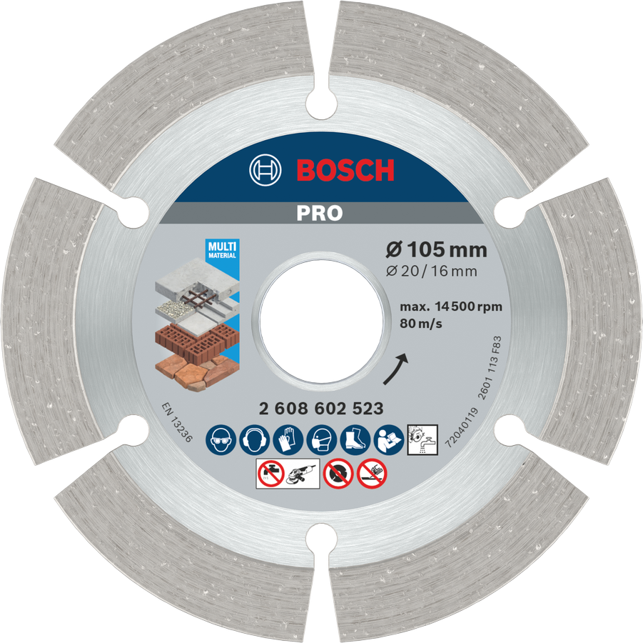 Bosch PRO Multi Material Diamond Disc, 105 mm for cutting various materials.