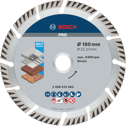PRO Multi Material Diamond Disc, 180 x 22.23 mm Bosch PRO Multi Material Diamond Disc, 180 mm for cutting stone and brick.