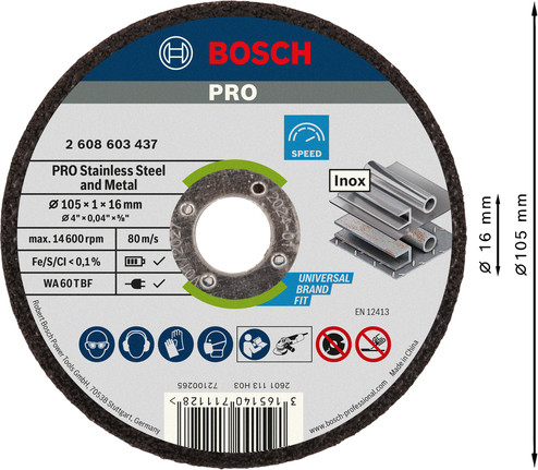 Bosch PRO Stainless Steel and Metal Cutting Disc 105 x 1 x 16 mm.