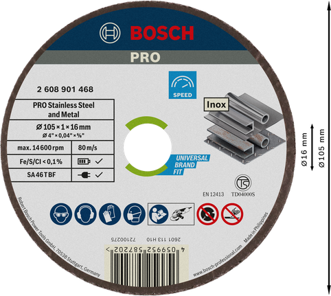 Bosch PRO Stainless Steel and Metal Cutting Disc, 105 x 1 x 16 mm.