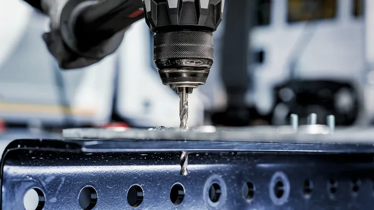 PRO Metal HSS-G Twist Drill Bit Set, 5 pcs Drill making a hole through a metal surface in an industrial setting.