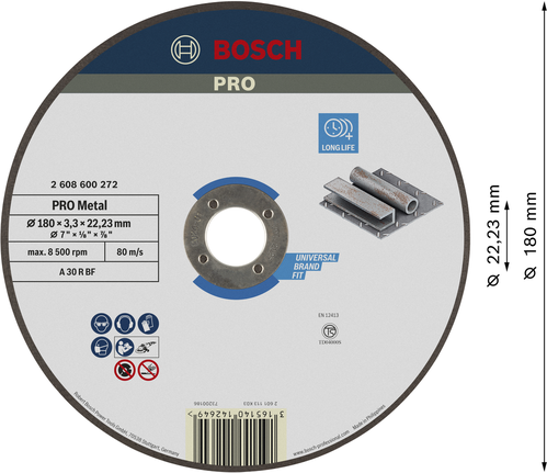 PRO Metal Cutting Disc, 180 x 3 x 22.23 mm Bosch PRO Metal Cutting Disc 180mm for long life metal cutting.