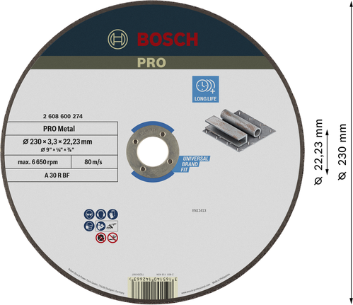 PRO Metal Cutting Disc, 230 x 3 x 22.23 mm Bosch PRO Metal Cutting Disc 230 mm for long life.