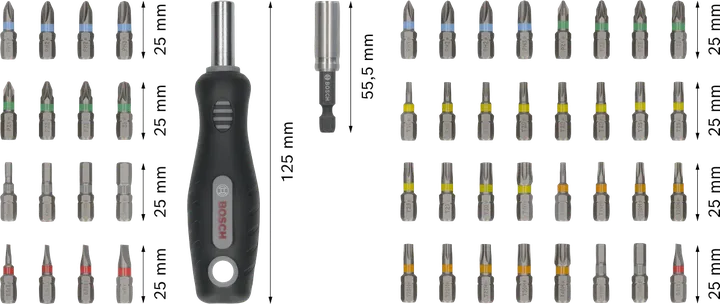 Bosch Extra Hard Screwdriver Bit Set 50 pcs with handle.