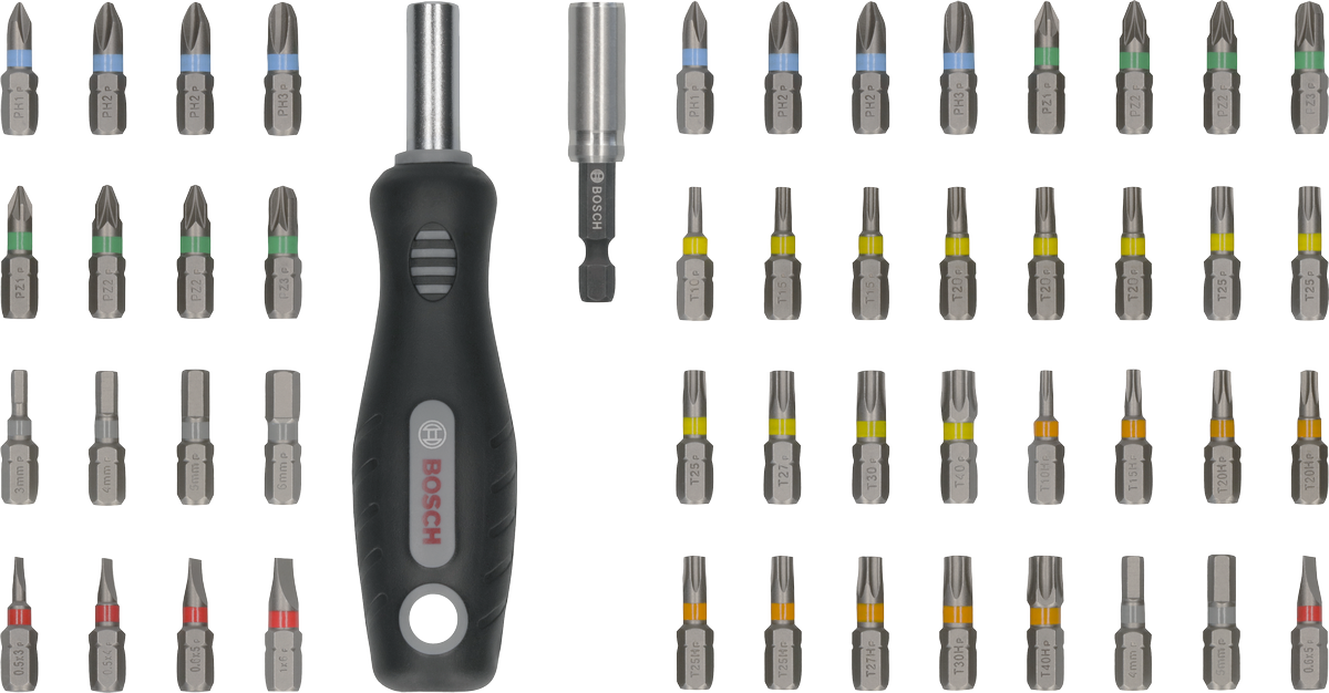 Bosch Extra Hard Screwdriver Bit Set 50 pcs for various screws.