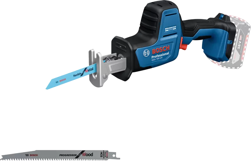 Bosch GSA 18V-24 cordless reciprocating saw with two blades.