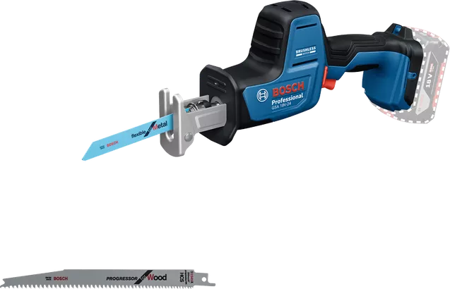 Bosch GSA 18V-24 cordless reciprocating saw with two blades.