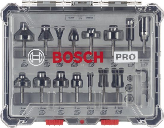 Bosch PRO router bit set 6 mm shank.