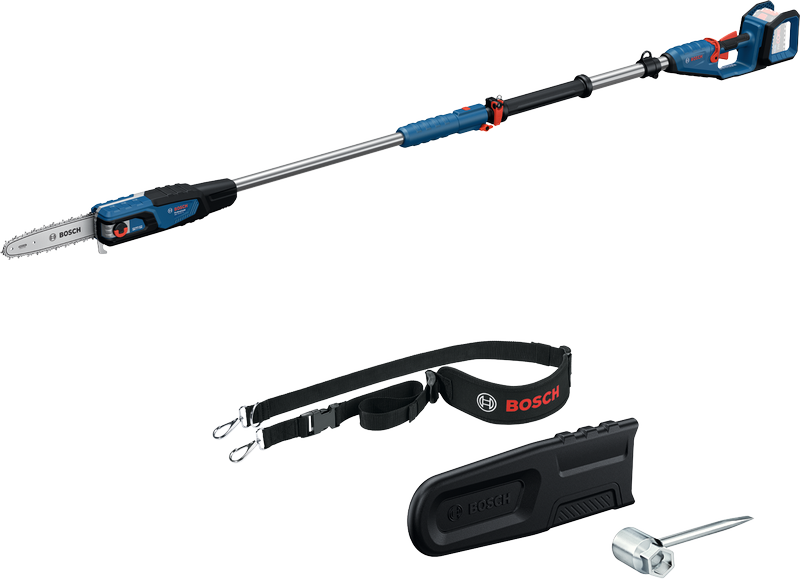 Bosch GKE 18V-25 pole saw with telescopic handle and accessories.