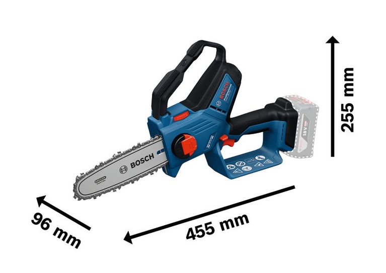 Bosch GKE 18V-20 cordless pruner saw with size dimensions.