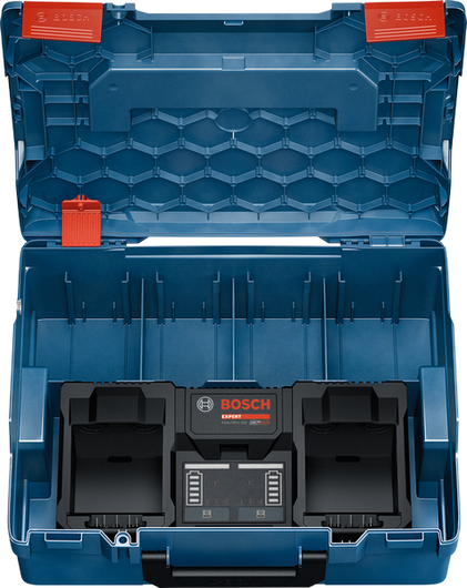 Bosch dual 18V battery charger in blue storage case.