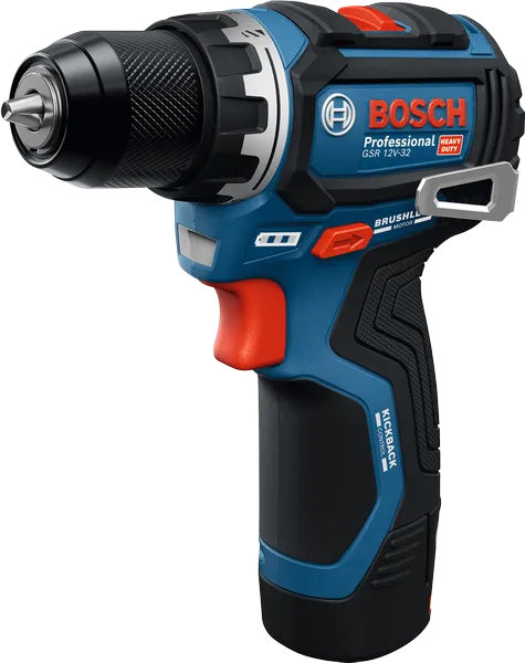 Bosch GSR 12V-32 cordless drill driver with brushless motor.