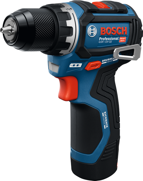 Bosch GSR 12V-32 cordless drill driver with brushless motor.