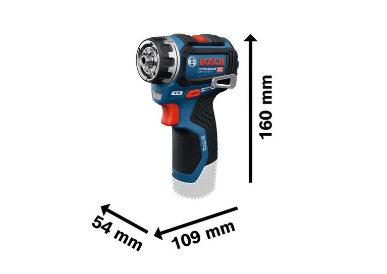 Bosch GSR 12V-35 FC cordless drill driver with dimensions.