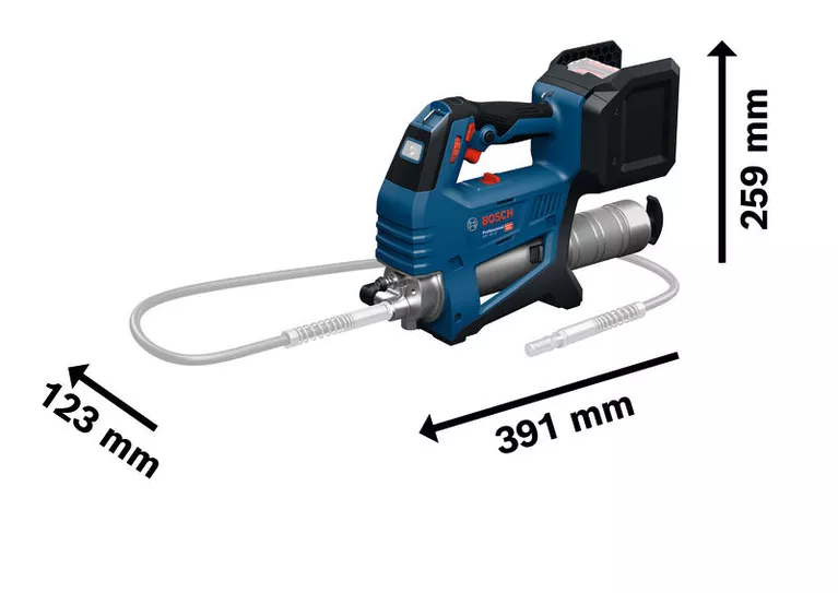 GFP 18V-10 Bosch GFP 18V-10 cordless caulk gun with dimensions shown.